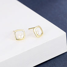 Load image into Gallery viewer, 925 Sterling Silver Plated Gold Fashion Simple Geometric Diamond Imitation Pearl Stud Earrings