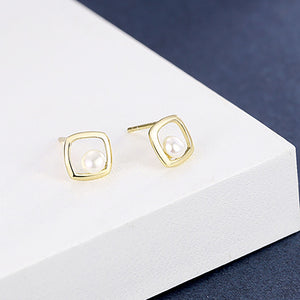 925 Sterling Silver Plated Gold Fashion Simple Geometric Diamond Imitation Pearl Stud Earrings