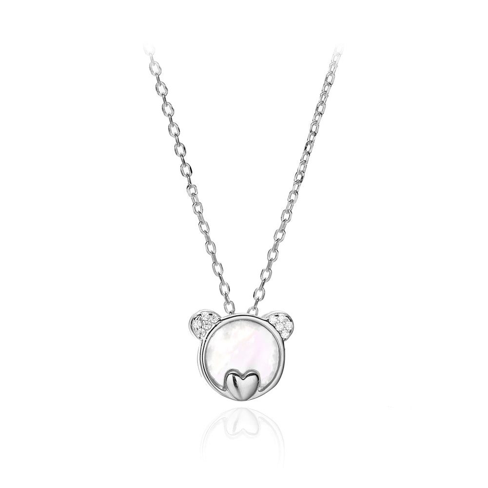 925 Sterling Silver Simple Cute Bear Shell Pendant with Cubic Zirconia and Necklace