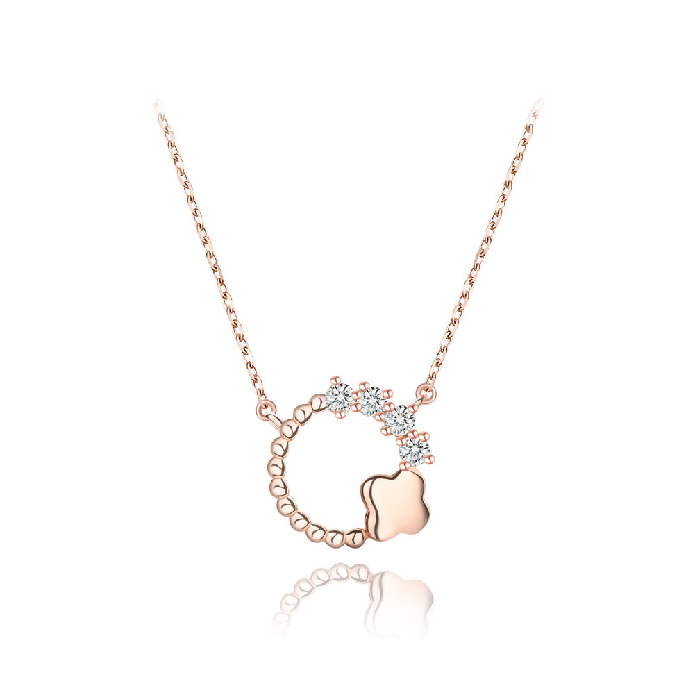 925 Sterling Silver Plated Rose Gold Simple Fashion Flower Round Pendant with Cubic Zirconia and Necklace
