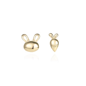 925 Sterling Silver Plated Gold Simple Cute Carrot Rabbit Asymmetrical Stud Earrings