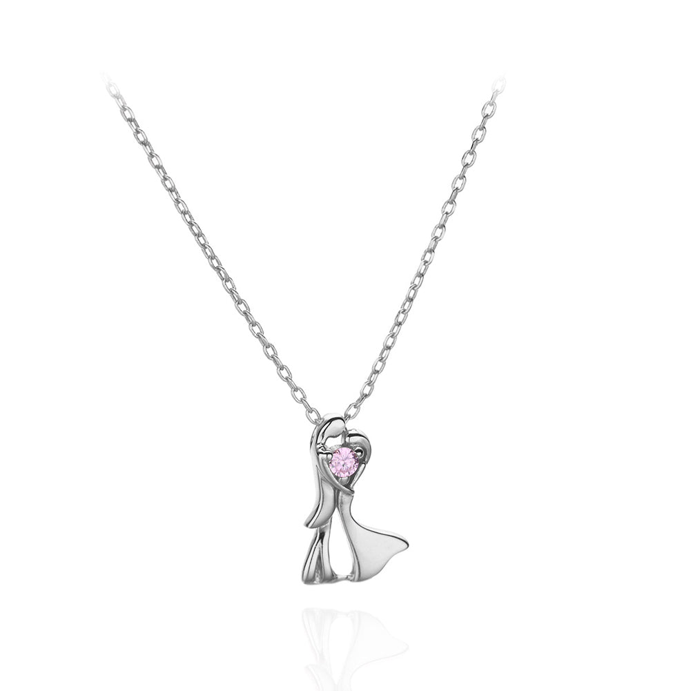 925 Sterling Silver Fashion Temperament Couple Character Pendant with Pink Cubic Zirconia and Necklace