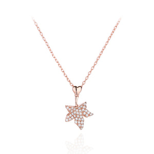 925 Sterling Silver Plated Rose Gold Simple Bright Maple Leaf Pendant with Cubic Zirconia and Necklace