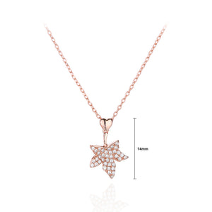 925 Sterling Silver Plated Rose Gold Simple Bright Maple Leaf Pendant with Cubic Zirconia and Necklace