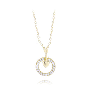 925 Sterling Silver Plated Gold Fashion Simple Heart-shaped Hollow Round Pendant with Cubic Zirconia and Necklace