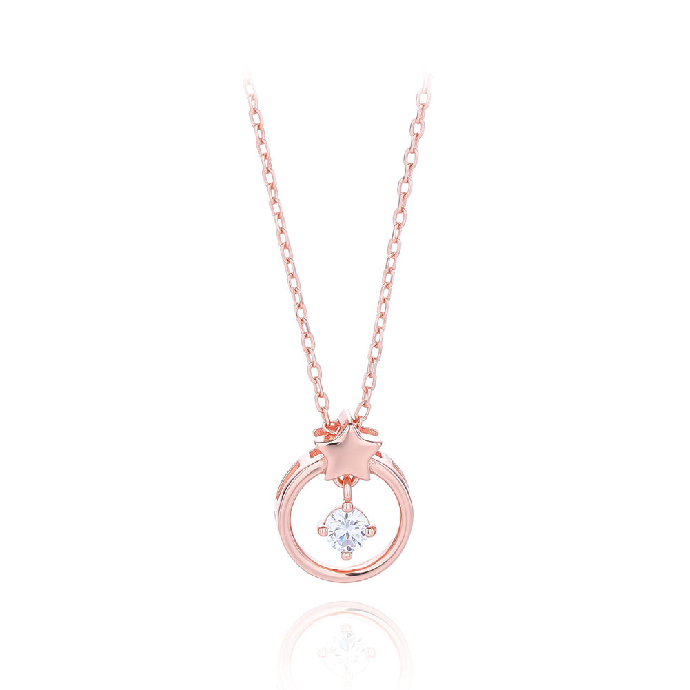 925 Sterling Silver Plated Rose Gold Simple Fashion Star Circle Pendant with Cubic Zirconia and Necklace