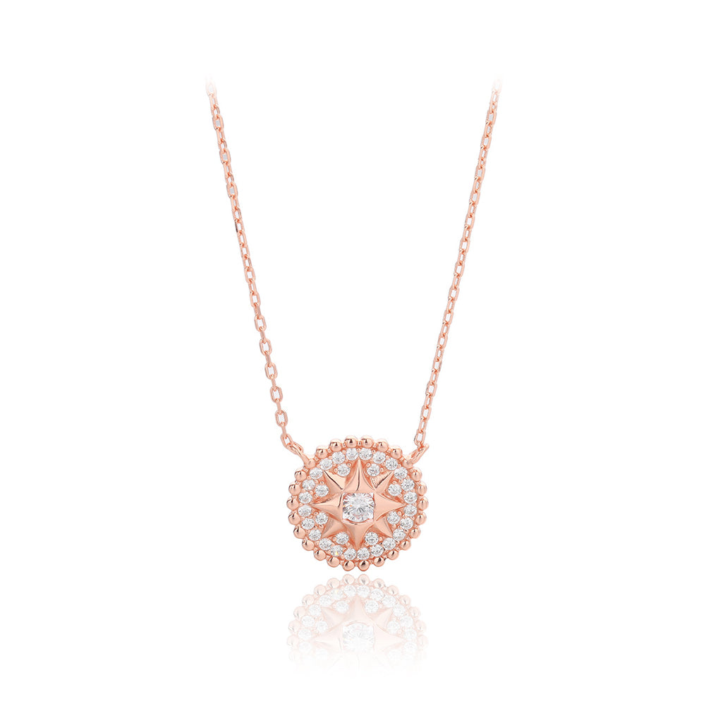 925 Sterling Silver Plated Rose Gold Simple and Bright Eight-pointed Star Geometric Round Pendant with Cubic Zirconia and Necklace
