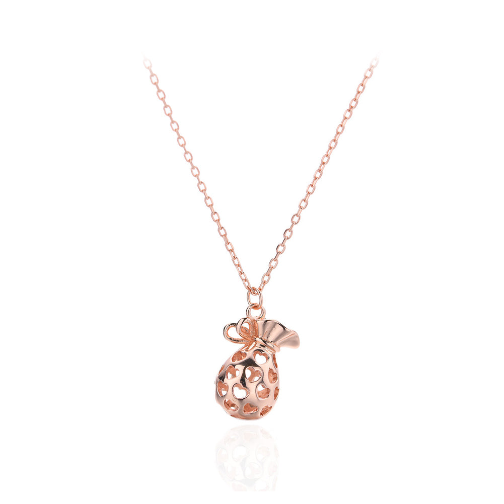 925 Sterling Silver Plated Rose Gold Fashion Creative Hollow Lucky Bag Pendant with Necklace