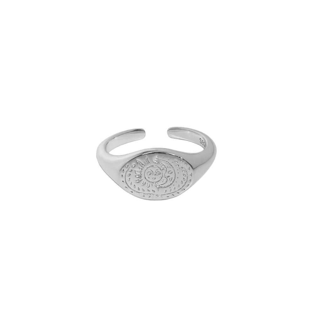 925 Sterling Silver Fashion Simple Sun and Moon Pattern Geometric Adjustable Opening Ring
