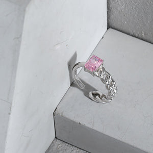 925 Sterling Silver Simple Fashion Pink Cubic Zirconia Geometric Asymmetric Chain Adjustable Opening Ring