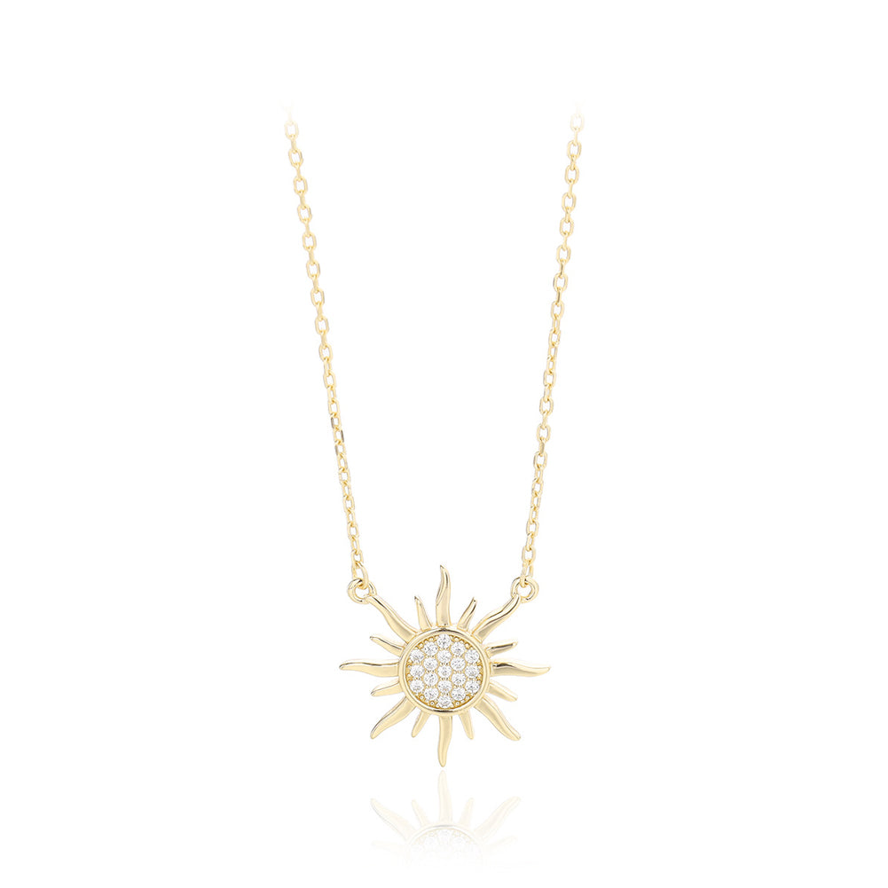 925 Sterling Silver Plated Gold Fashion Simple Sun Pendant with Cubic Zirconia and Necklace