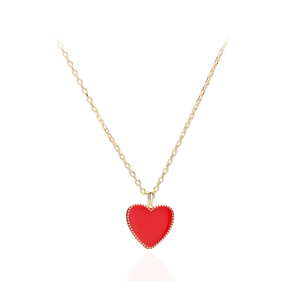 925 Sterling Silver Plated Gold Simple Romantic Red Heart Pendant with Necklace