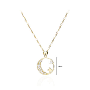 925 Sterling Silver Plated Gold Simple Fashion Moon Star Pendant with Cubic Zirconia and Necklace