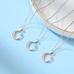 925 Sterling Silver Plated Gold Simple Fashion Moon Star Pendant with Cubic Zirconia and Necklace