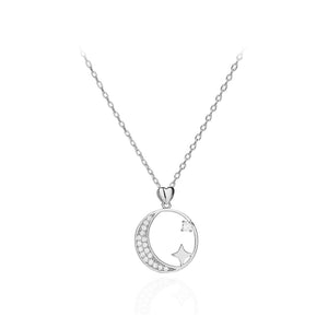 925 Sterling Silver Simple Fashion Moon Star Pendant with Cubic Zirconia and Necklace