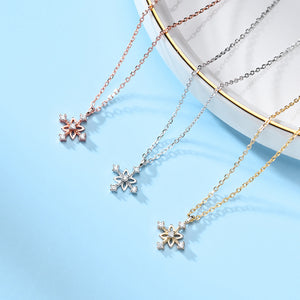 925 Sterling Silver Plated Rose Gold Simple Fashion Snowflake Pendant with Cubic Zirconia and Necklace
