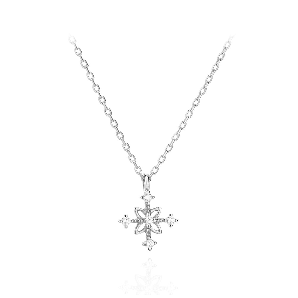 925 Sterling Silver Simple Fashion Snowflake Pendant with Cubic Zirconia and Necklace