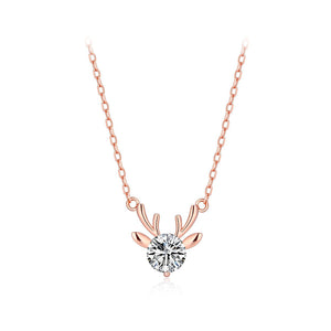 925 Sterling Silver Plated Rose Gold Fashion Cute Deer Pendant with Cubic Zirconia and Necklace