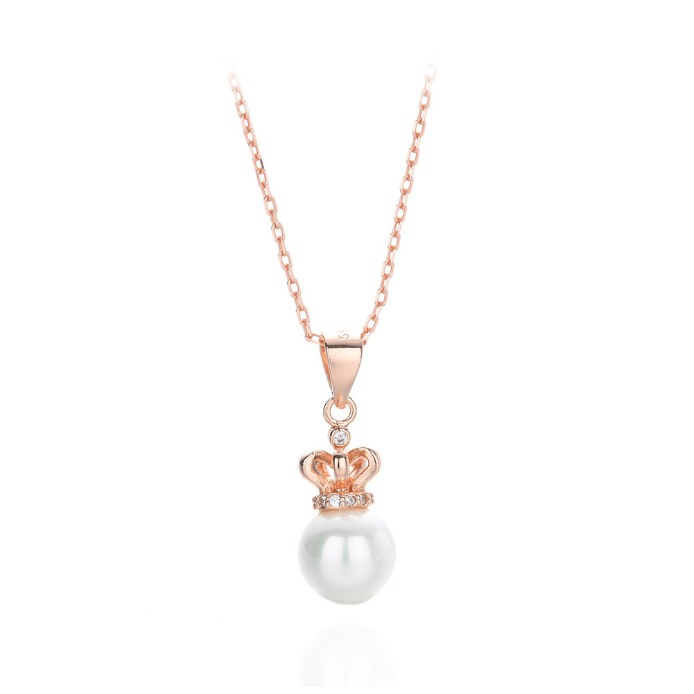 925 Sterling Silver Plated Rose Gold Simple Fashion Crown Imitation Pearl Pendant with Cubic Zirconia and Necklace