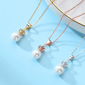 925 Sterling Silver Plated Rose Gold Simple Fashion Crown Imitation Pearl Pendant with Cubic Zirconia and Necklace
