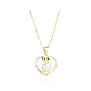 925 Sterling Silver Plated Gold Swan Heart-shaped Imitation Pearl Pendant with Necklace