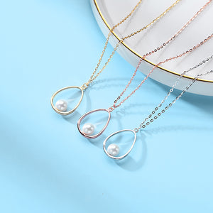 925 Sterling Silver Plated Rose Gold Simple Fashion Geometric Imitation Pearl Pendant with Necklace