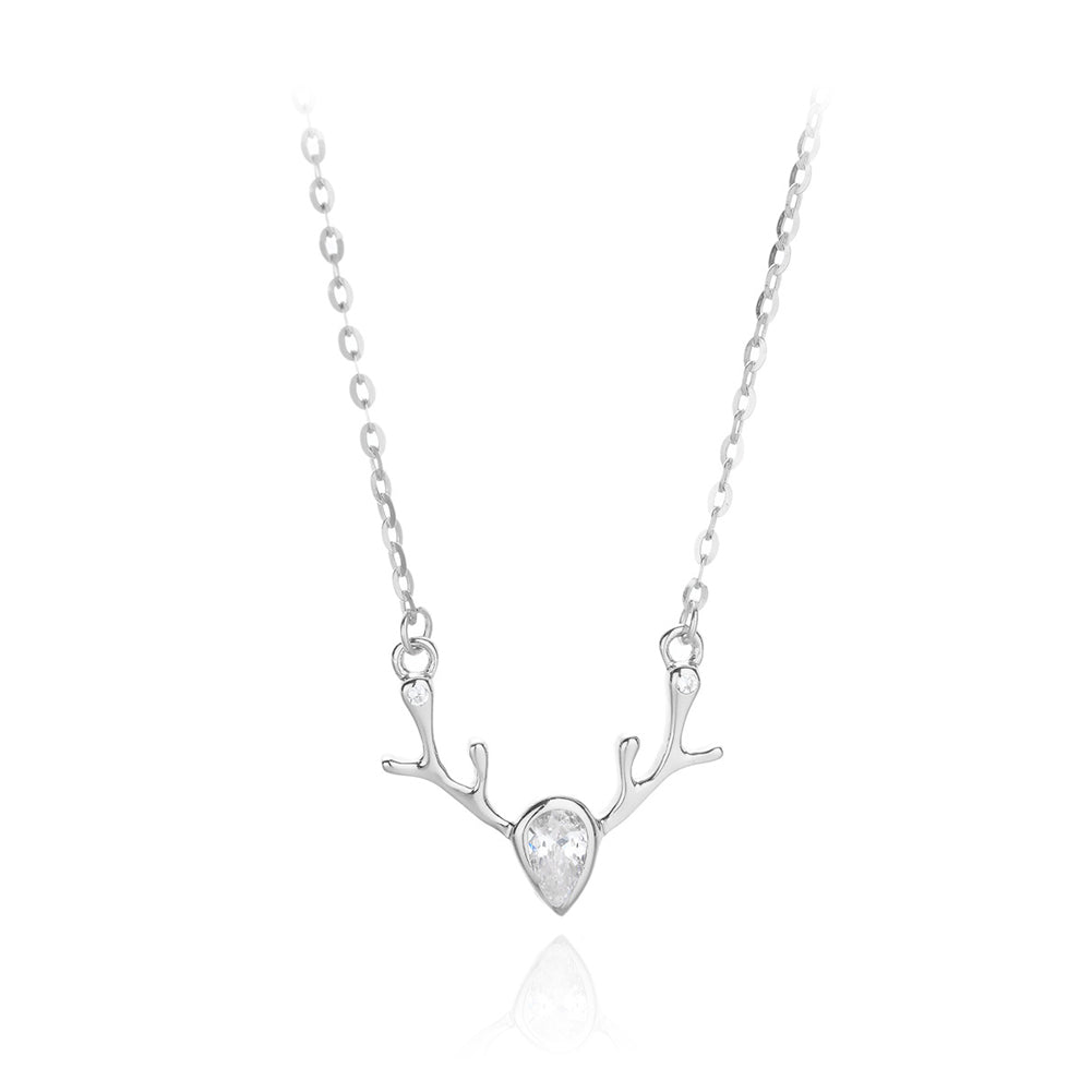 925 Sterling Silver Simple Cute Elk Pendant with Cubic Zirconia and Necklace