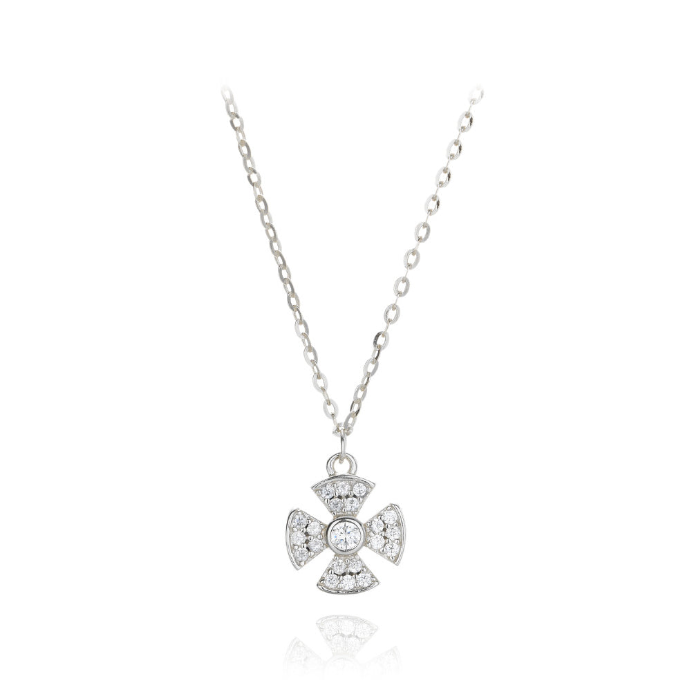 925 Sterling Silver Fashion Bright Flower Pendant with Cubic Zirconia and Necklace