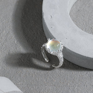 925 Sterling Silver Fashion Simple Geometric Round Moonstone Adjustable Opening Ring