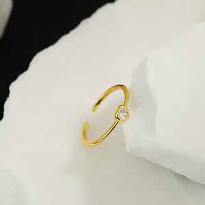 925 Sterling Silver Plated Gold Simple and Delicate Heart-shaped Geometric Adjustable Opening Ring with Cubic Zirconia