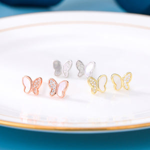 925 Sterling Silver Plated Rose Gold Simple Fashion Butterfly Shell Stud Earrings with Cubic Zirconia