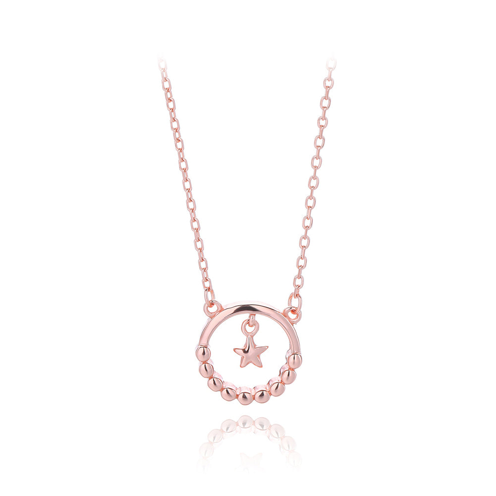 925 Sterling Silver Plated Rose Gold Simple Fashion Star Round Pendant with Necklace