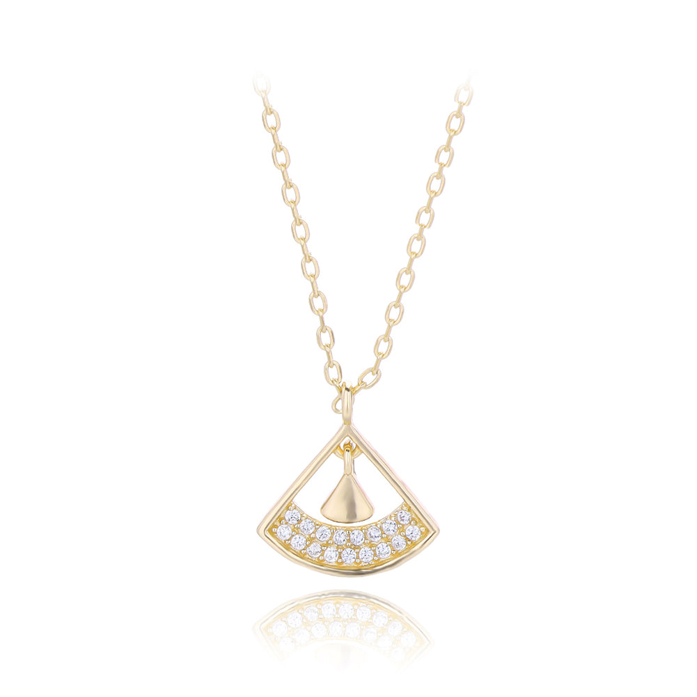 925 Sterling Silver Plated Gold Fashion Simple Geometric Fan-shaped Pendant with Cubic Zirconia and Necklace