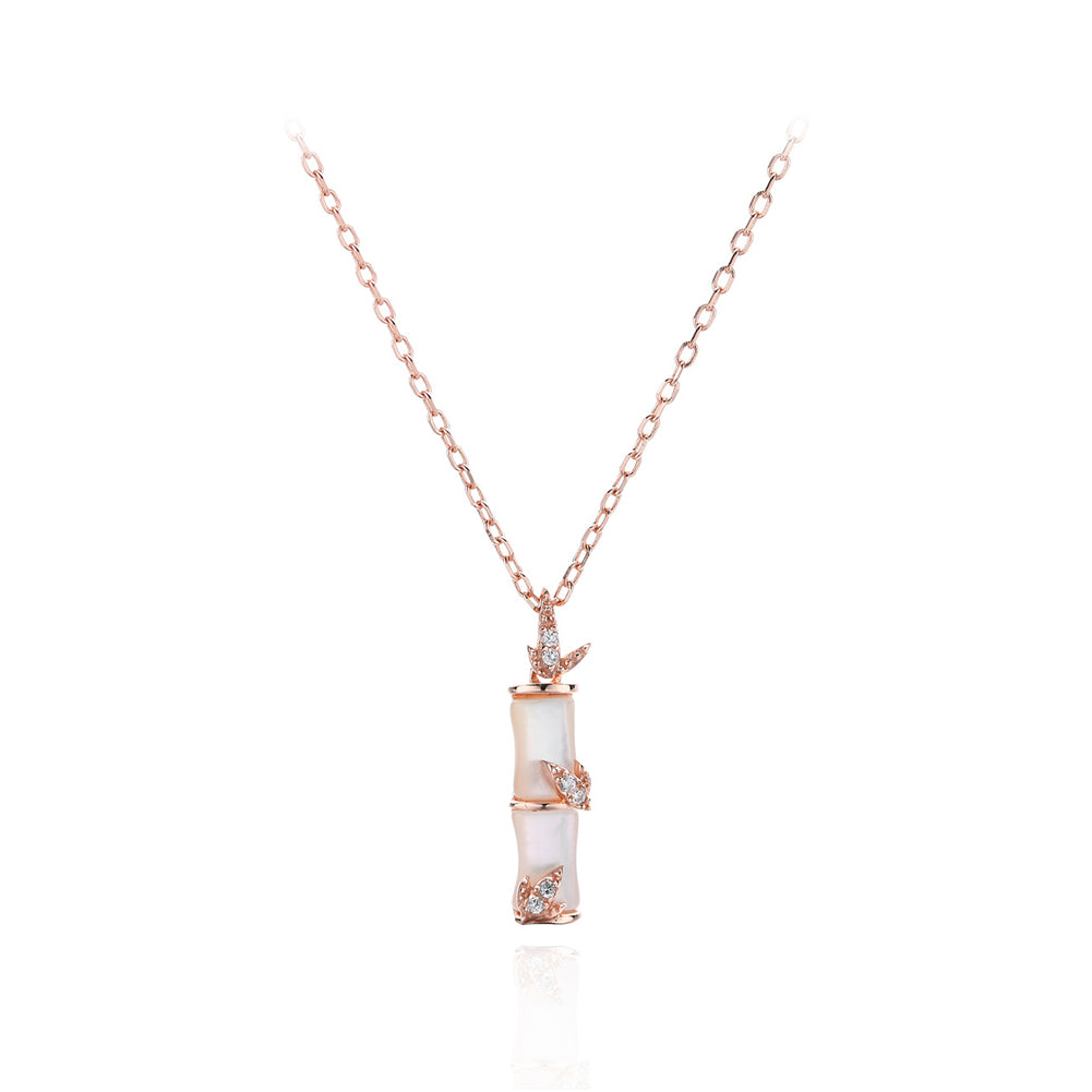 925 Sterling Silver Plated Rose Gold Fashion Elegant Bamboo Pendant with Cubic Zirconia and Necklace