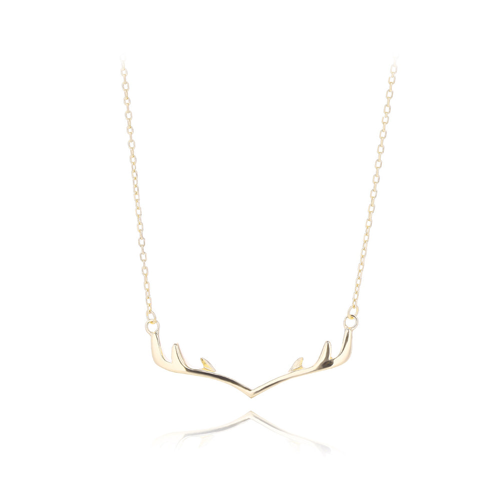 925 Sterling Silver Plated Gold Simple Temperament Antler Pendant with Necklace