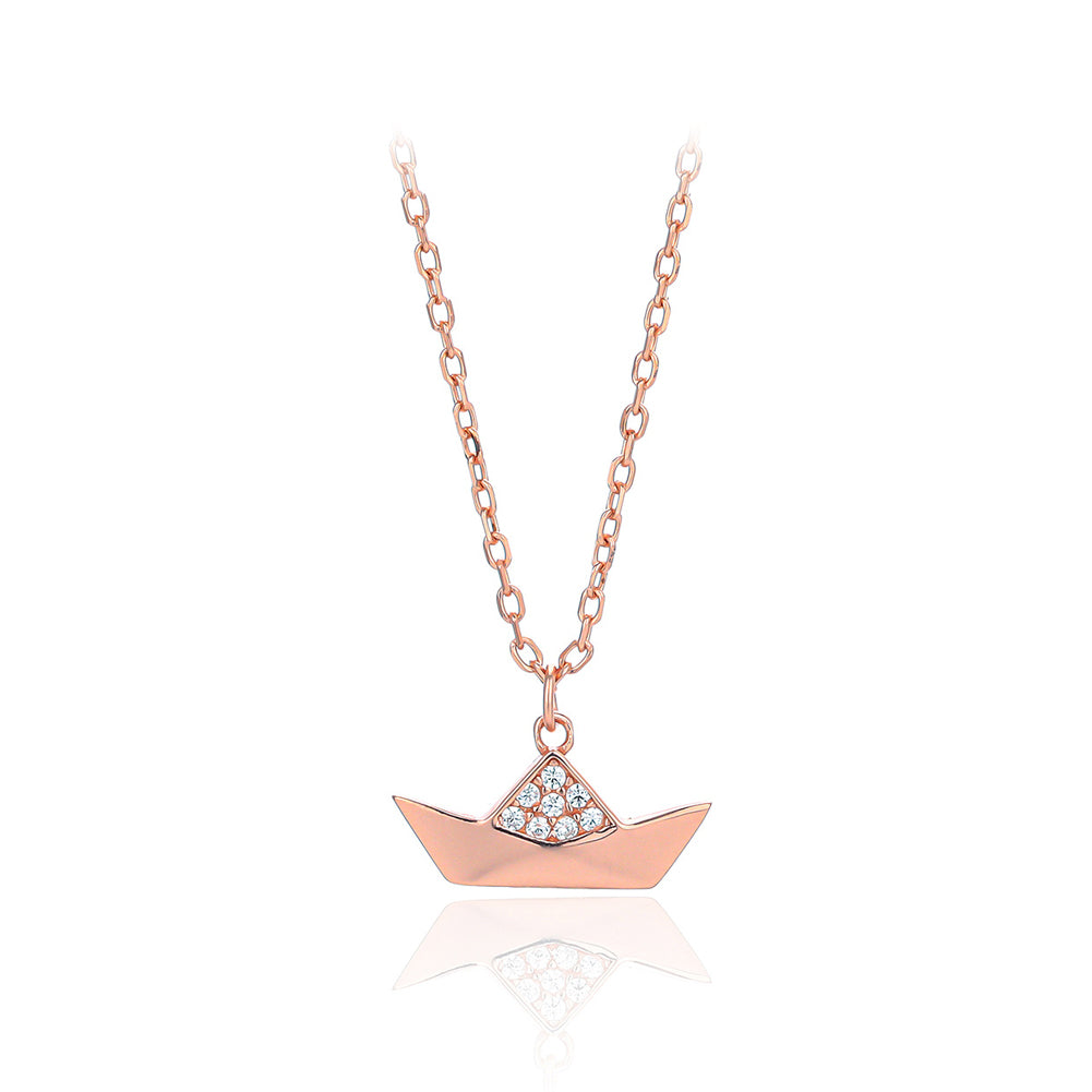 925 Sterling Silver Plated Rose Gold Simple Fashion Boat Pendant with Cubic Zirconia and Necklace