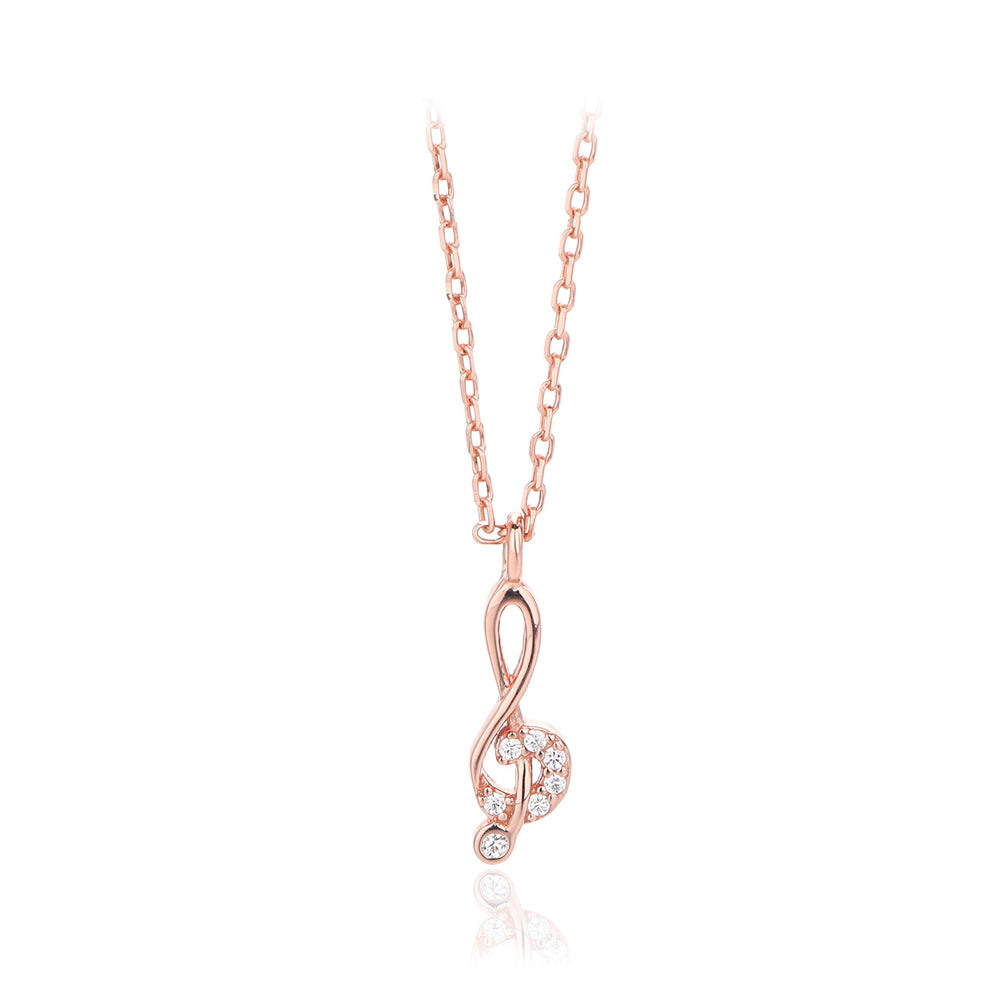 925 Sterling Silver Plated Rose Gold Simple Temperament Musical Note Pendant with Cubic Zirconia and Necklace