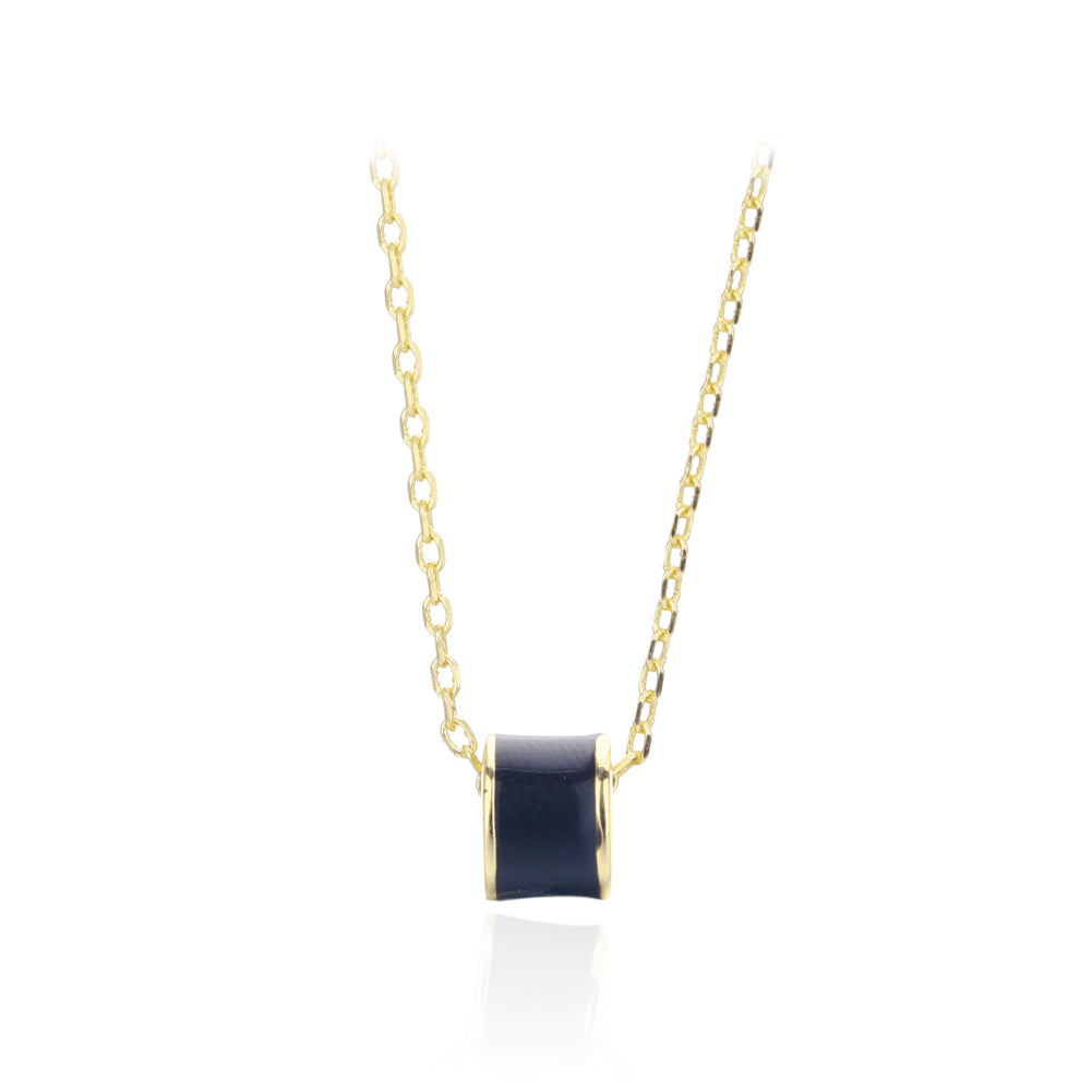 925 Sterling Silver Plated Gold Simple Fashion Black Geometric Round Bead Pendant with Necklace