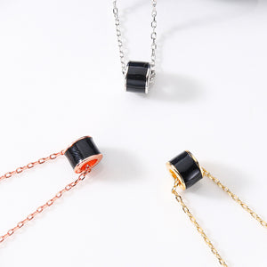 925 Sterling Silver Plated Gold Simple Fashion Black Geometric Round Bead Pendant with Necklace