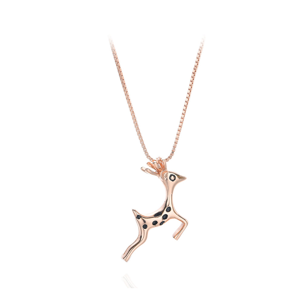 925 Sterling Silver Plated Rose Gold Simple Cute Deer Pendant with Cubic Zirconia and Necklace