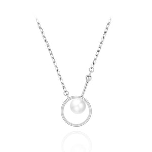 925 Sterling Silver Simple and Elegant Hollow Geometric Round Imitation Pearl Pendant with Necklace