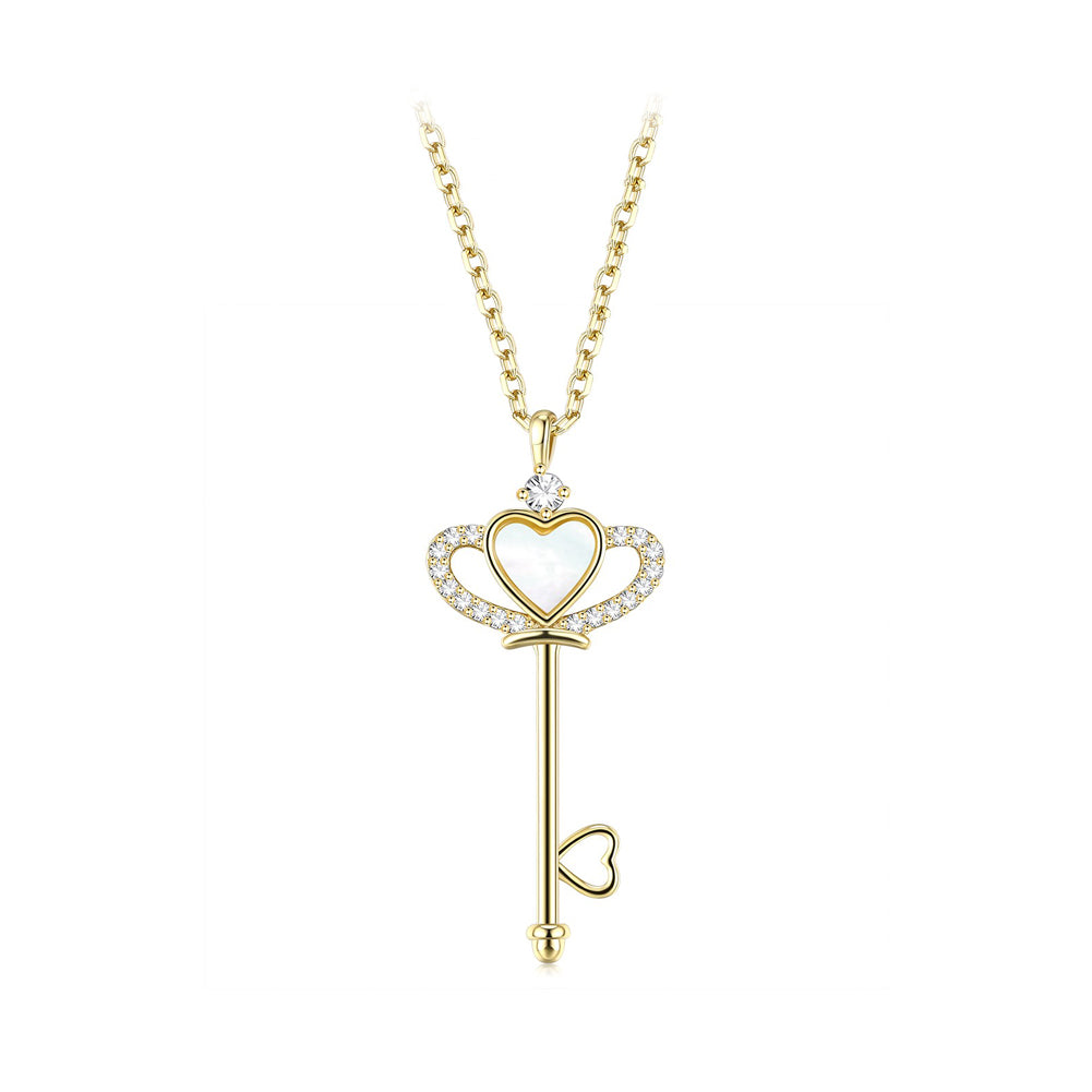 925 Sterling Silver Plated Gold Fashion Temperament Crown Key Pendant with Cubic Zirconia and Necklace