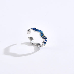 925 Sterling Silver Fashion Creative Starry Sky Pattern Geometric Ripple Adjustable Opening Ring