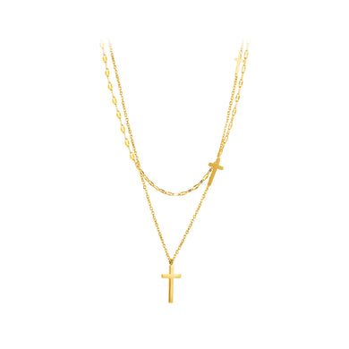 Simple Temperament Plated Gold Cross 316L Stainless Steel Pendant with Double-layer Necklace