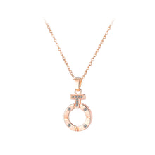 Load image into Gallery viewer, Simple Temperament Plated Rose Gold Cross Roman Numeral Geometric Round Pendant with Cubic Zirconia and 316L Stainless Steel Necklace