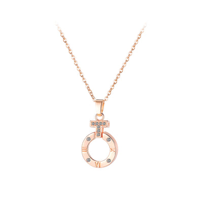 Simple Temperament Plated Rose Gold Cross Roman Numeral Geometric Round Pendant with Cubic Zirconia and 316L Stainless Steel Necklace