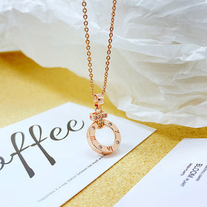 Simple Temperament Plated Rose Gold Cross Roman Numeral Geometric Round Pendant with Cubic Zirconia and 316L Stainless Steel Necklace