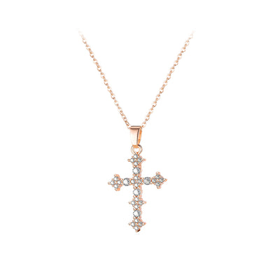 Simple and Fashion Plated Rose Gold Cross Pendant with Cubic Zirconia and 316L Stainless Steel Necklace