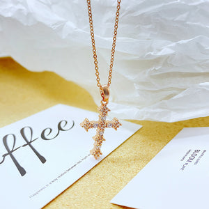 Simple and Fashion Plated Rose Gold Cross Pendant with Cubic Zirconia and 316L Stainless Steel Necklace
