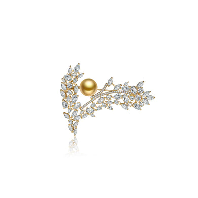 Elegant Temperament Plated Gold Floral Champagne Imitation Pearl Brooch with Cubic Zirconia